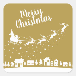 Santa's sleigh w/ reindeer flying above the houses square sticker