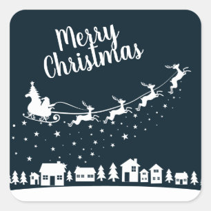 Santa's sleigh w/ reindeer flying above the houses square sticker