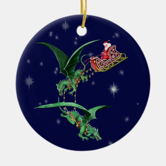 Santa's Sleigh with Dragons Ceramic Tree Decoration (Front)