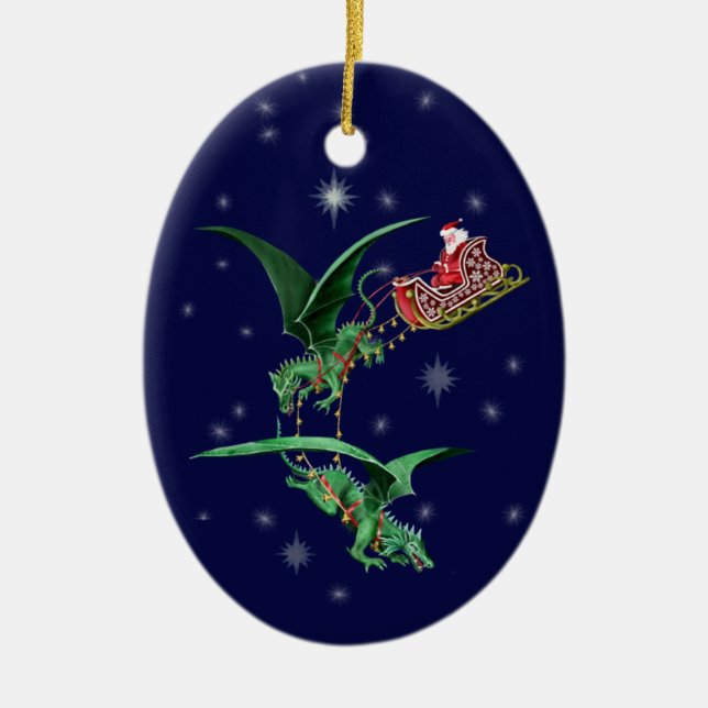 Santa's Sleigh with Dragons Ceramic Tree Decoration (Front)