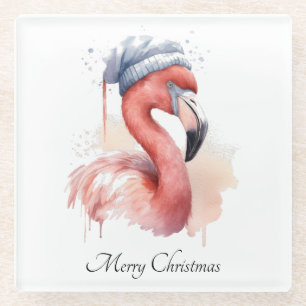 Santa's Snowbird Flamingo, custom Glass Coaster