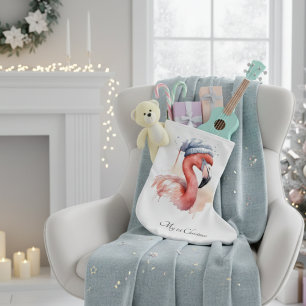 Santa's Snowbird Flamingo, custom Large Christmas Stocking