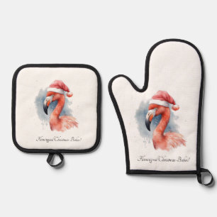 Santa's Snowbird Flamingo, custom Oven Mitt & Pot Holder Set