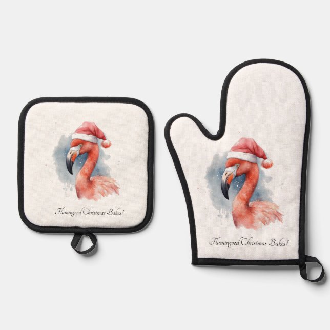 Santa's Snowbird Flamingo, custom Oven Mitt & Pot Holder Set (Front)