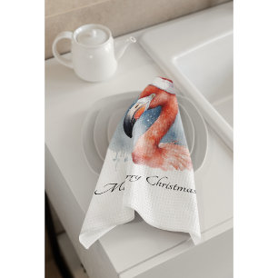 Santa's Snowbird Flamingo, custom Tea Towel