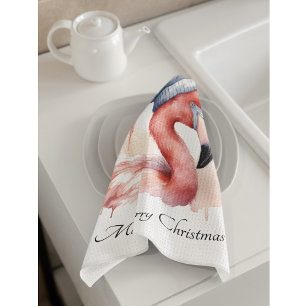 Santa's Snowbird Flamingo, custom Tea Towel