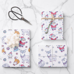 Santas Snowmen And Reindeer Cute Christmas Designs Wrapping Paper Sheet