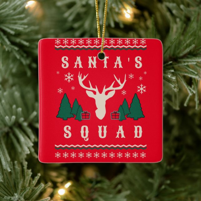 Santa's Squad Ugly Christmas Sweater Ceramic Ornament (Tree)