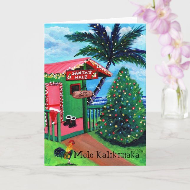 Santa's Surfing House Mele Kalikimaka Card (Orchid)