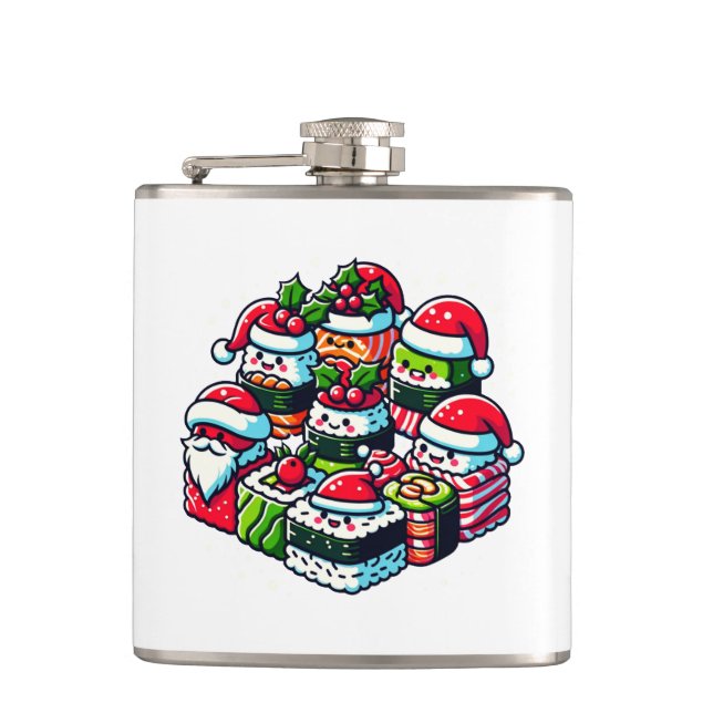 Santa's Sushi Delight - Festive Christmas Art Hip Flask (Front)