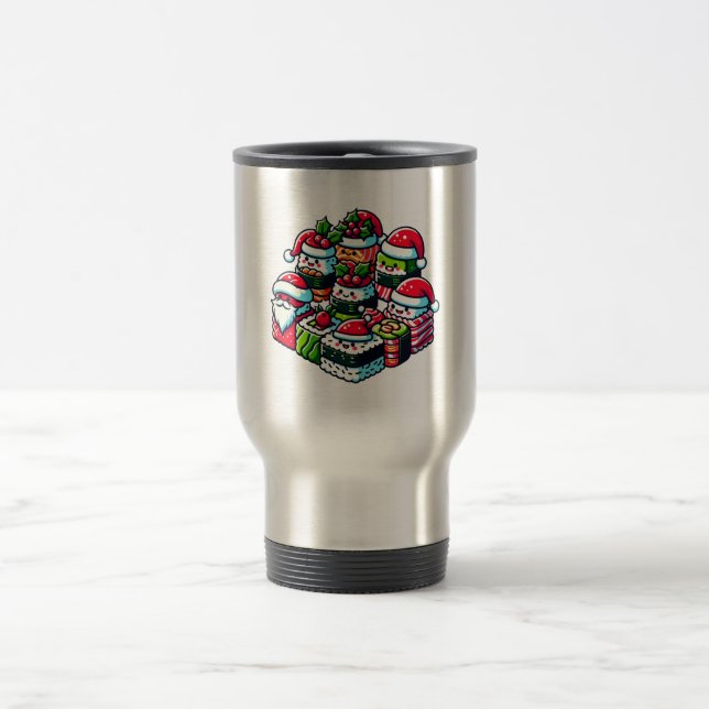 Santa's Sushi Delight - Festive Christmas Art Travel Mug (Center)