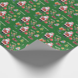 Santa's toys and elves wrapping paper green