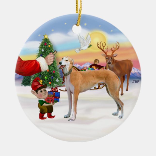 Santas Treat - Light Red Greyhound Ceramic Tree Decoration (Front)