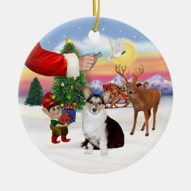 Santa's Treat  - Welsh Corgi (tri colour) Ceramic Tree Decoration (Front)