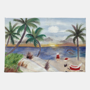 Santa's Tropical Beach Break kitchen towel
