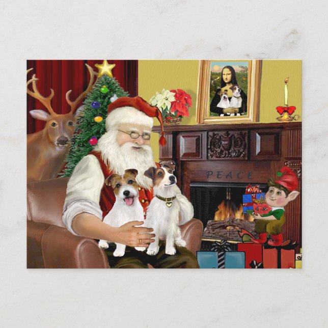 Santa's Two Jack Russell Terriers Holiday Postcard (Front)