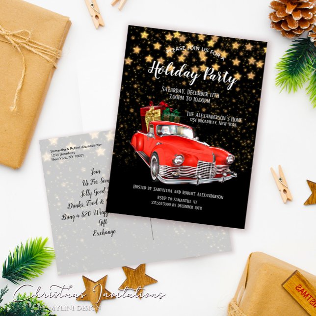 Santas Vintage Red Car Christmas Party Invitation Postcard (Creator Uploaded)