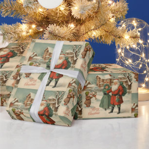 Santa's Visit Vintage Christmas Illustration  Wrapping Paper