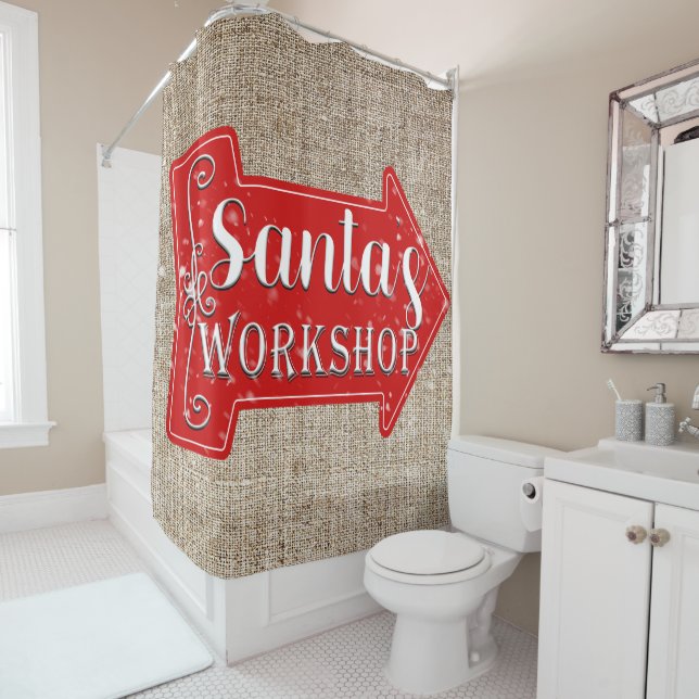 Santa's Workshop Arrow Rustic Christmas Holiday Shower Curtain (In Situ)