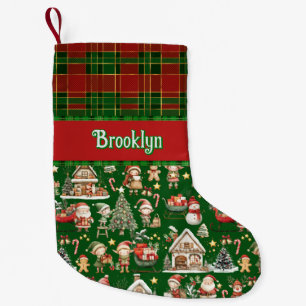 Santa's Workshop Busy Elves Christmas Red Green Small Christmas Stocking