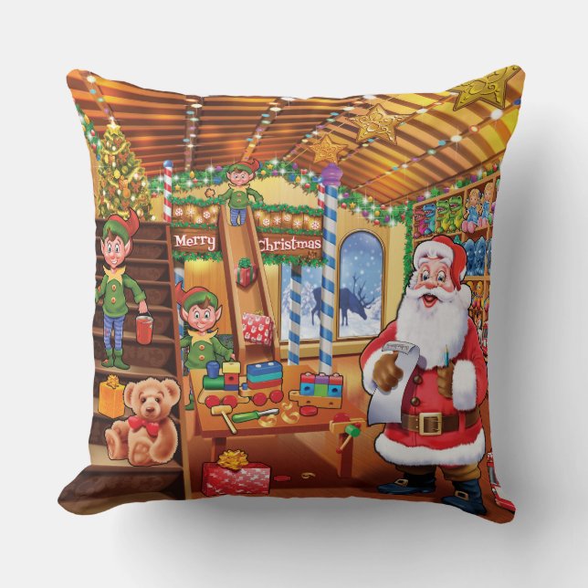 Santa's workshop detailed cushion with Elves! (Front)