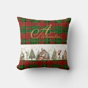 Santa's Workshop Elves Red Green Plaids Christmas Cushion