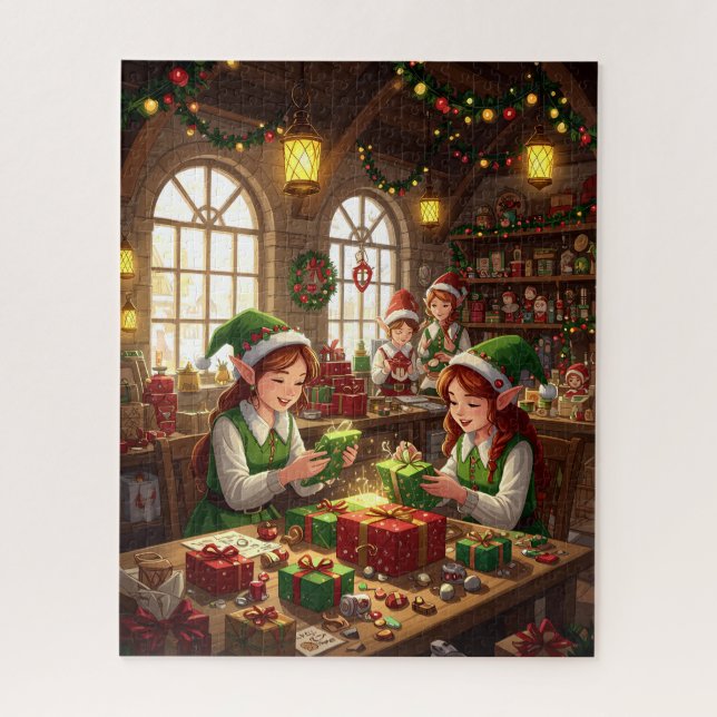 Santa's Workshop Elves Wrapping Gifts Jigsaw Puzzle (Vertical)