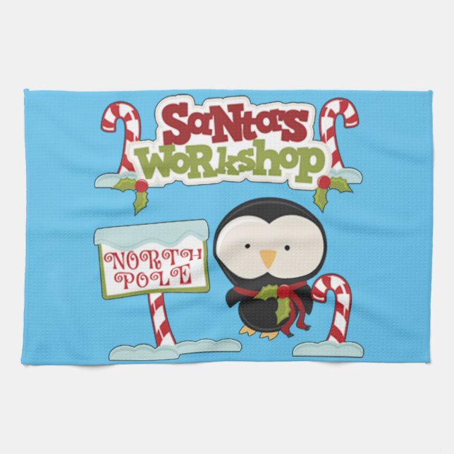 Santa's Workshop Penguin Tea Towel (Horizontal)
