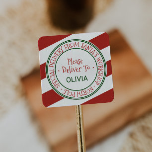 Santa's Workshop Stripe Christmas Gift Square Sticker