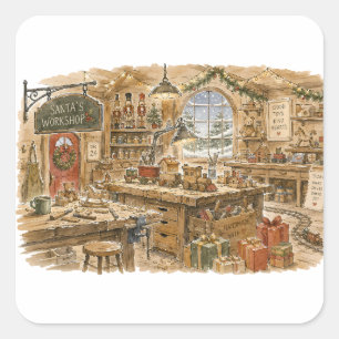 Santa's Workshop Toy Making for Classic Christmas Square Sticker