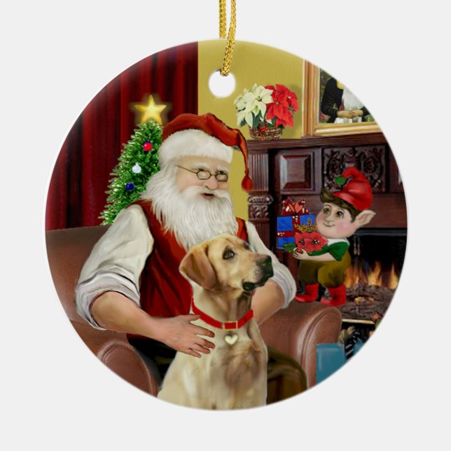 Santa's Yellow Lab (#8) Ceramic Tree Decoration (Front)