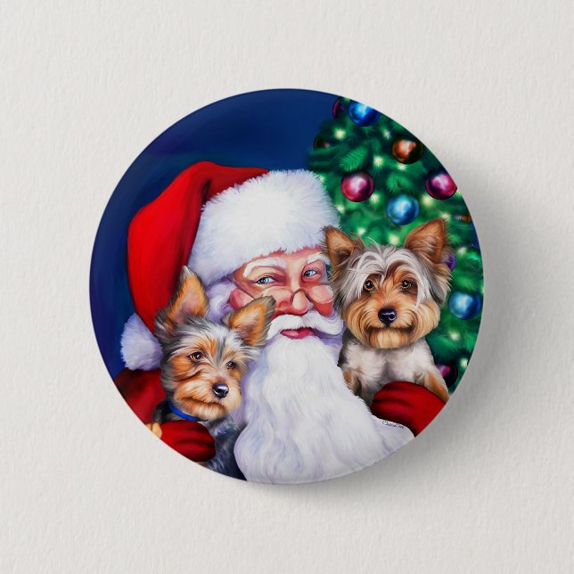 Santa's Yorkies at Christmas 6 Cm Round Badge (Front)