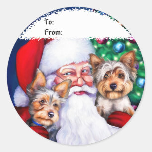 Santa's Yorkies at Christmas Classic Round Sticker
