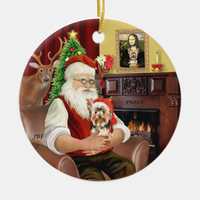 Santa's Yorkshire Terrier #17 Ceramic Tree Decoration (Front)