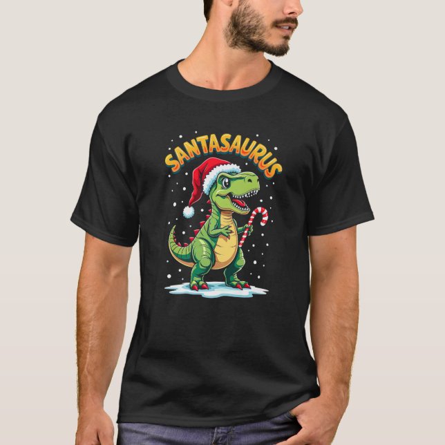 Santasaurus Rex Funny Dinosaur xmas Santa Hat Cand T-Shirt (Front)