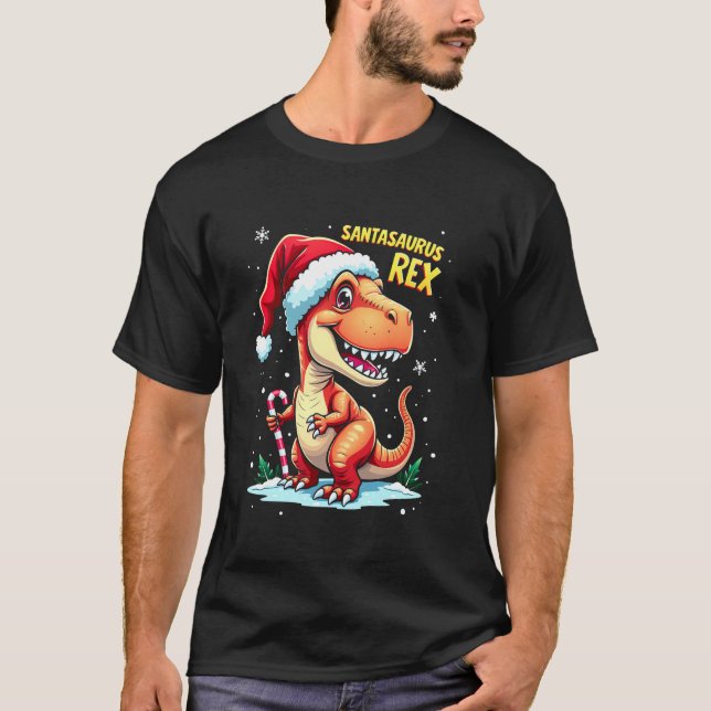 Santasaurus Rex Funny Dinosaur xmas Santa Hat Cand T-Shirt (Front)