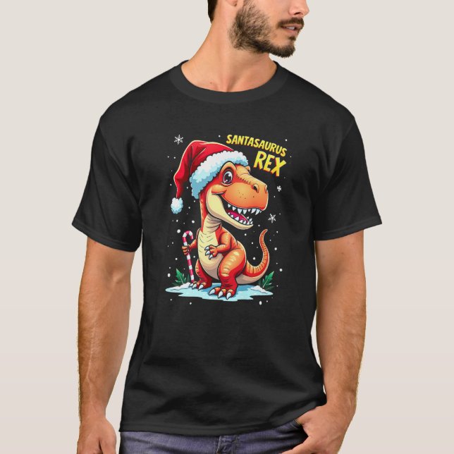 Santasaurus Rex Funny Dinosaur xmas Santa Hat Cand T-Shirt (Front)
