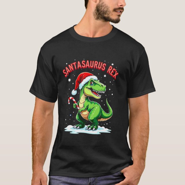 Santasaurus Rex Funny Dinosaur xmas Santa Hat Cand T-Shirt (Front)