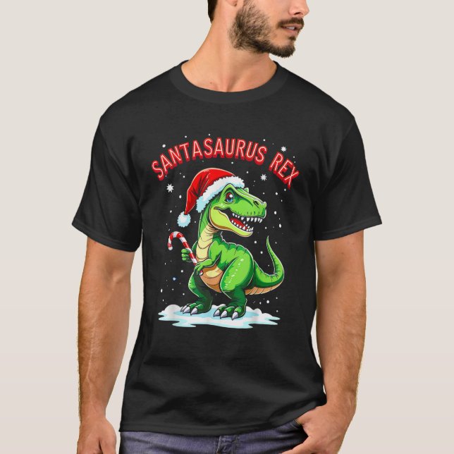 Santasaurus Rex Funny Dinosaur xmas Santa Hat Cand T-Shirt (Front)