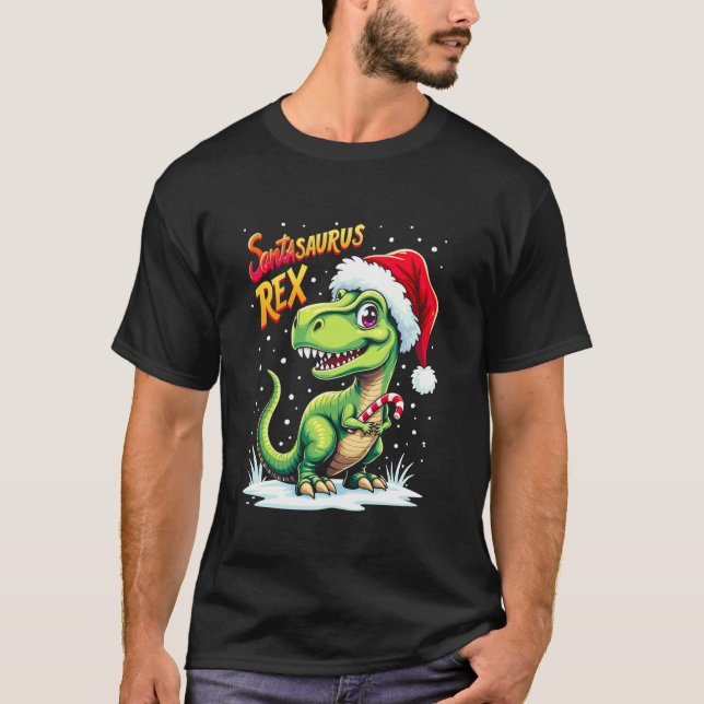 Santasaurus Rex Funny Dinosaur xmas Santa Hat Cand T-Shirt (Front)