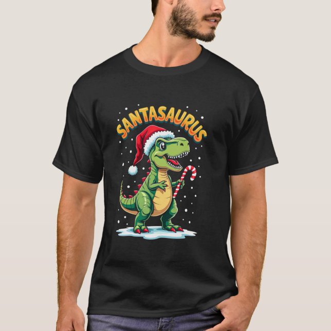 Santasaurus Rex Funny Dinosaur xmas Santa Hat Cand T-Shirt (Front)