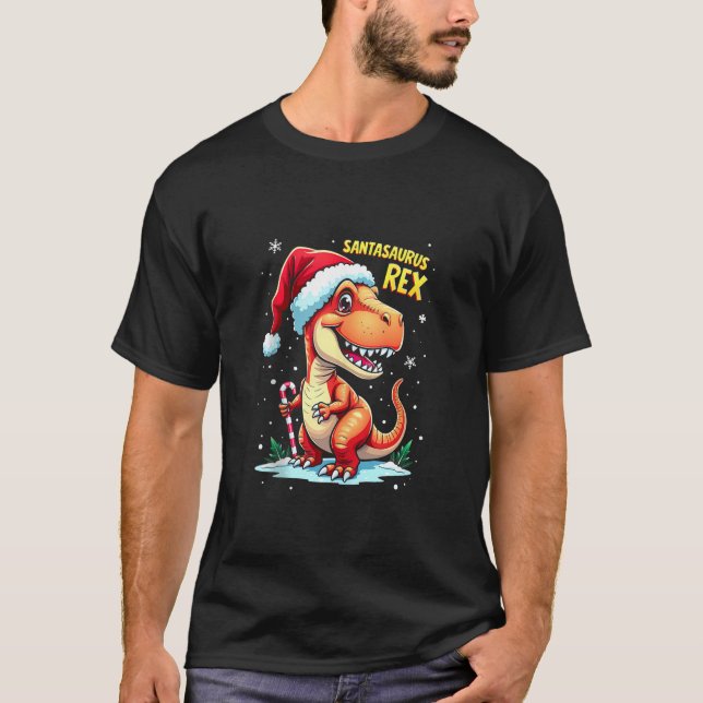 Santasaurus Rex Funny Dinosaur xmas Santa Hat Cand T-Shirt (Front)