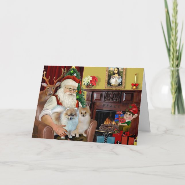 Santa'sTwo Pomeranians Holiday Card (Front)