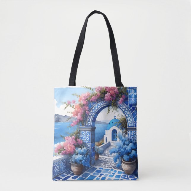 Santorini Blue Coast Wedding Anniversary Custom Tote Bag (Front)