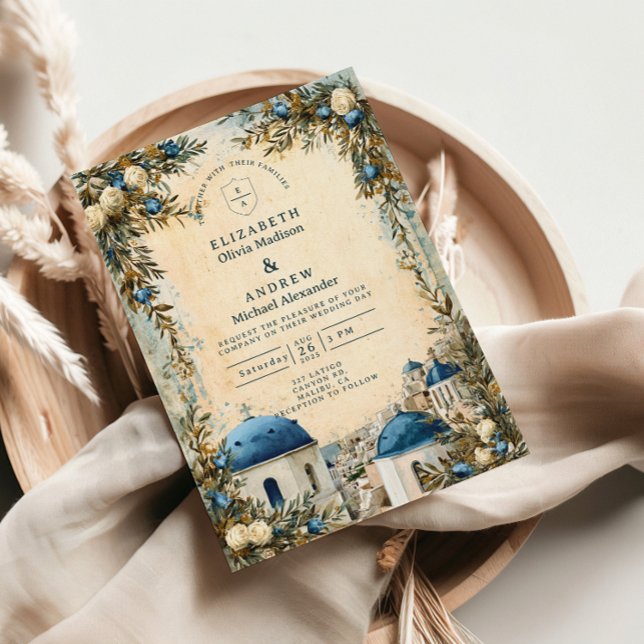 Santorini Blue Dome Botanical Destination Wedding Invitation (Creator Uploaded)