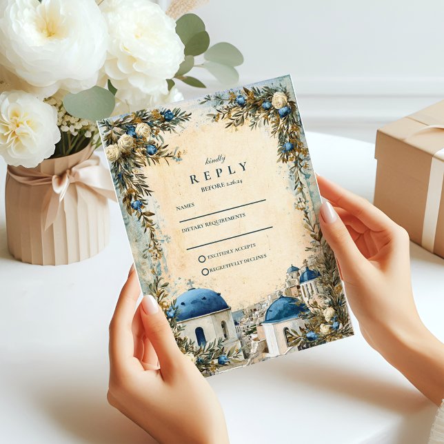 Santorini Blue Dome Botanical Destination Wedding RSVP Card (Creator Uploaded)