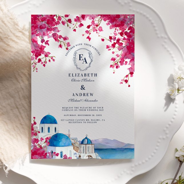 Santorini Blue Dome Bougainvillea Wedding Invitation (Creator Uploaded)