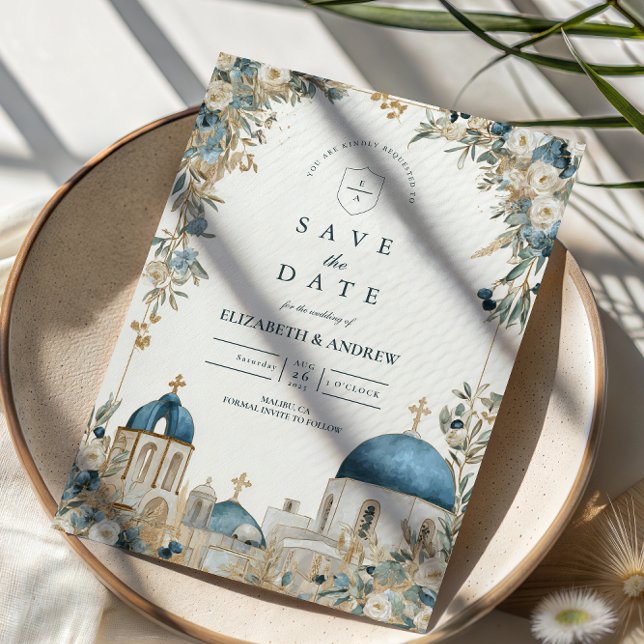 Santorini Blue Domes Botanical Wedding Save The Date (Creator Uploaded)