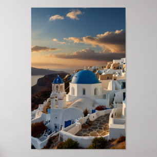 Santorini Blue Domes Vintage Travel Poster