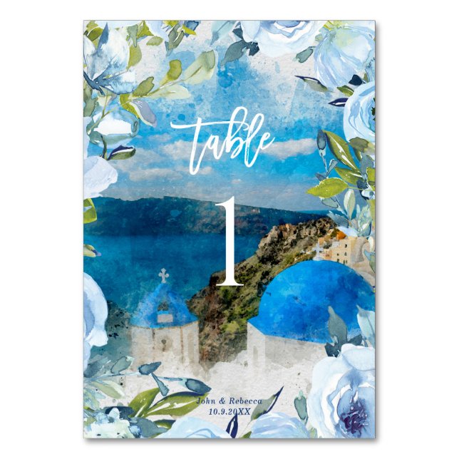 Santorini blue floral wedding table number card (Front)